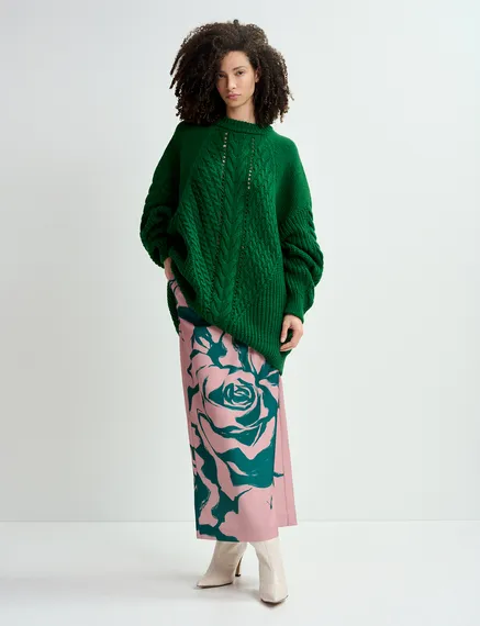 Maglione oversize verde scuro lavorato a treccia