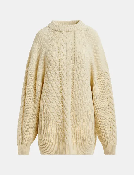 Ecrufarbener Oversized Strickpullover mit Zopfmuster