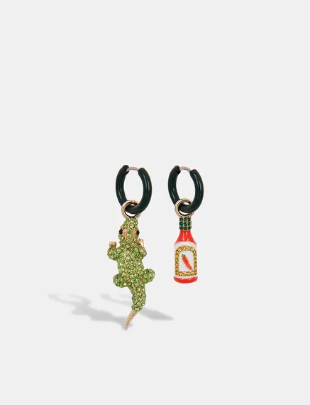 Black hoop earrings with crocodile and hot sauce pendants