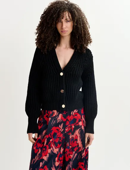 Black chunky rib-knitted cardigan