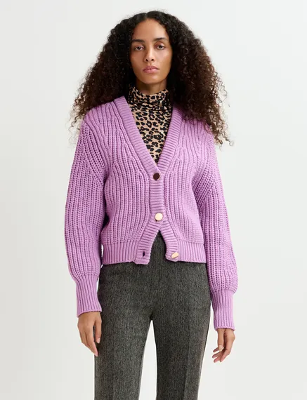 Mauve ribgebreide cardigan