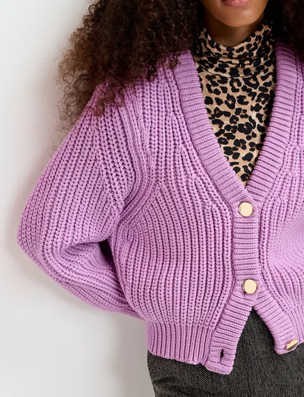 Mauve ribgebreide cardigan