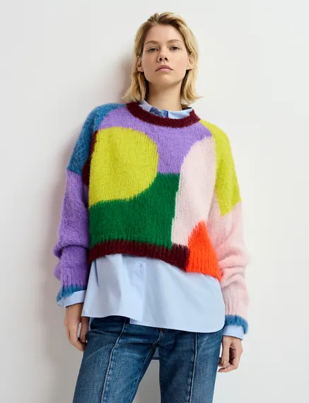 Multicolor abstract intarsia-knitted sweater