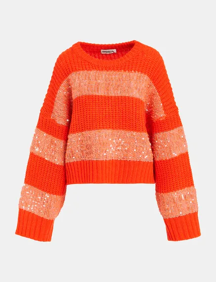 Orange knit sweater with sequin-embellished stripes