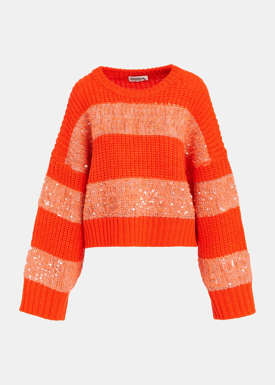 Orange knit sweater with sequin-embellished stripes