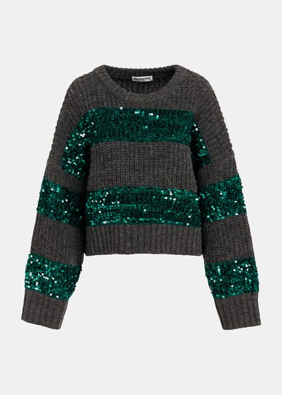 Dark grey and dark green knit sweater with sequin-embellished stripes