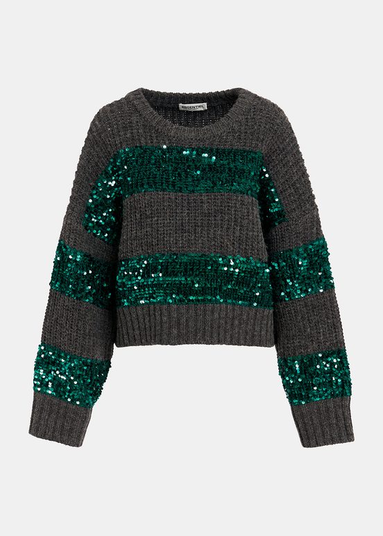 Dark grey and dark green knit sweater with sequin-embellished stripes