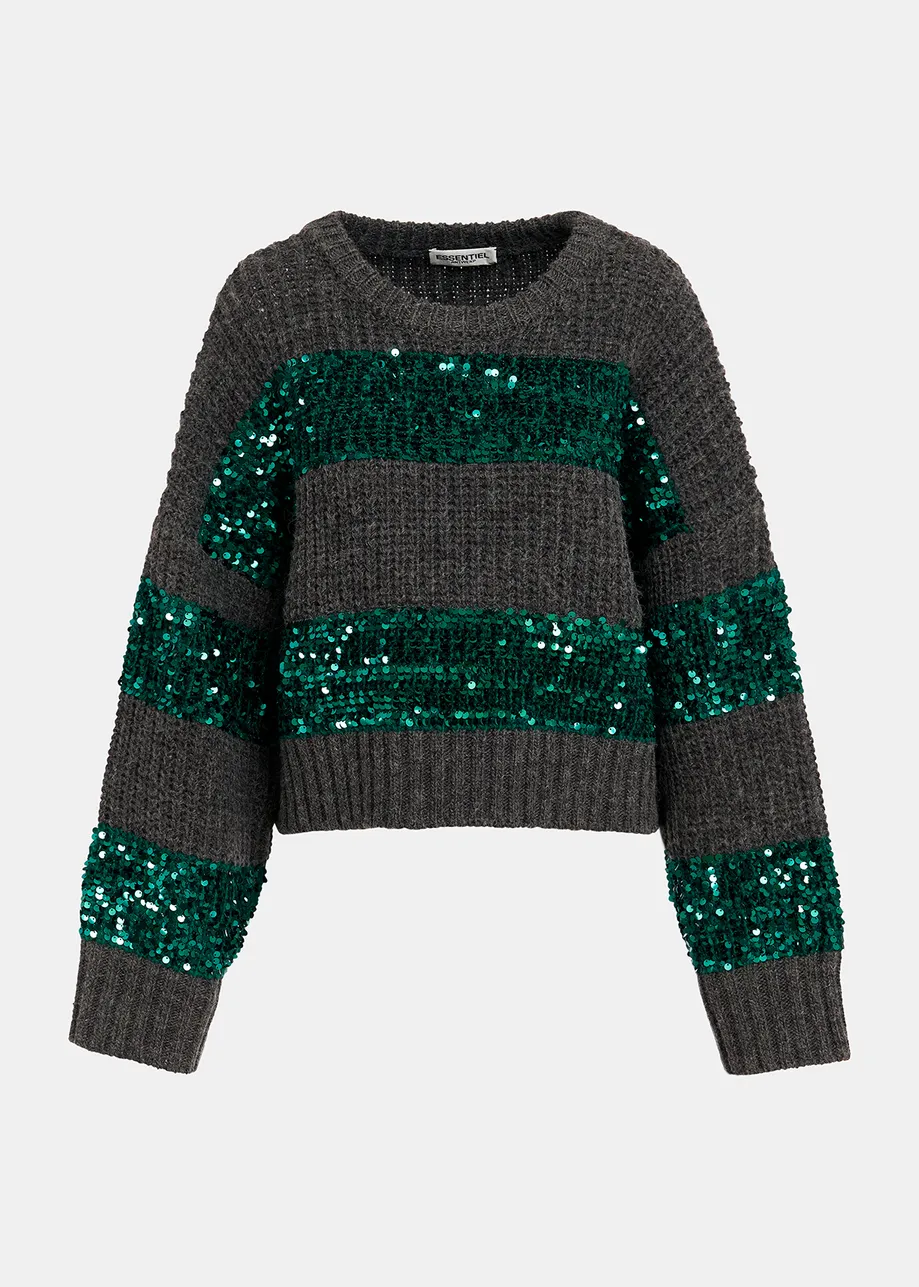 Dark grey and dark green knit sweater with sequin-embellished stripes