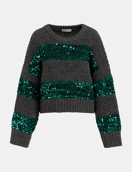 Dark grey and dark green knit sweater with sequin-embellished stripes