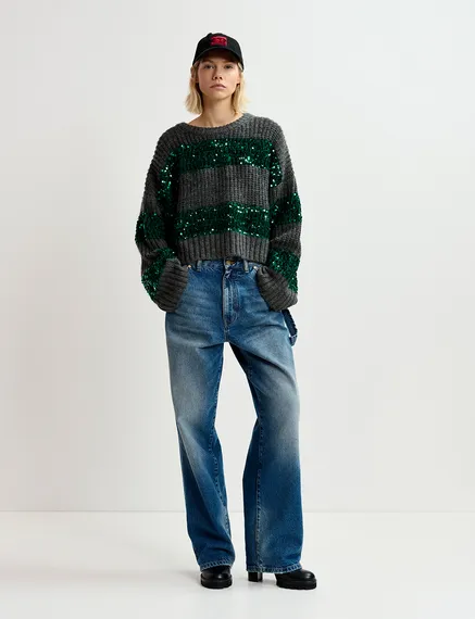 Dark grey and dark green knit sweater with sequin-embellished stripes