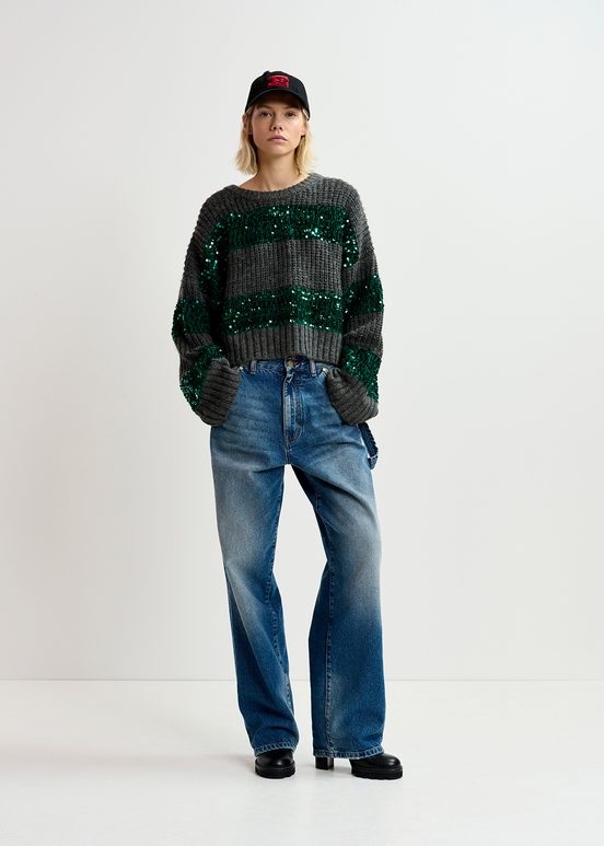 Dark grey and dark green knit sweater with sequin-embellished stripes