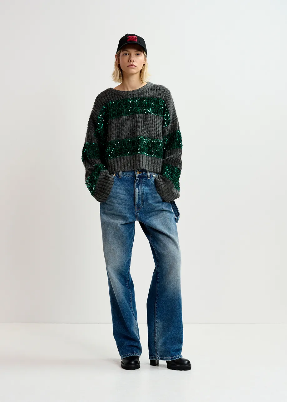 Dark grey and dark green knit sweater with sequin-embellished stripes