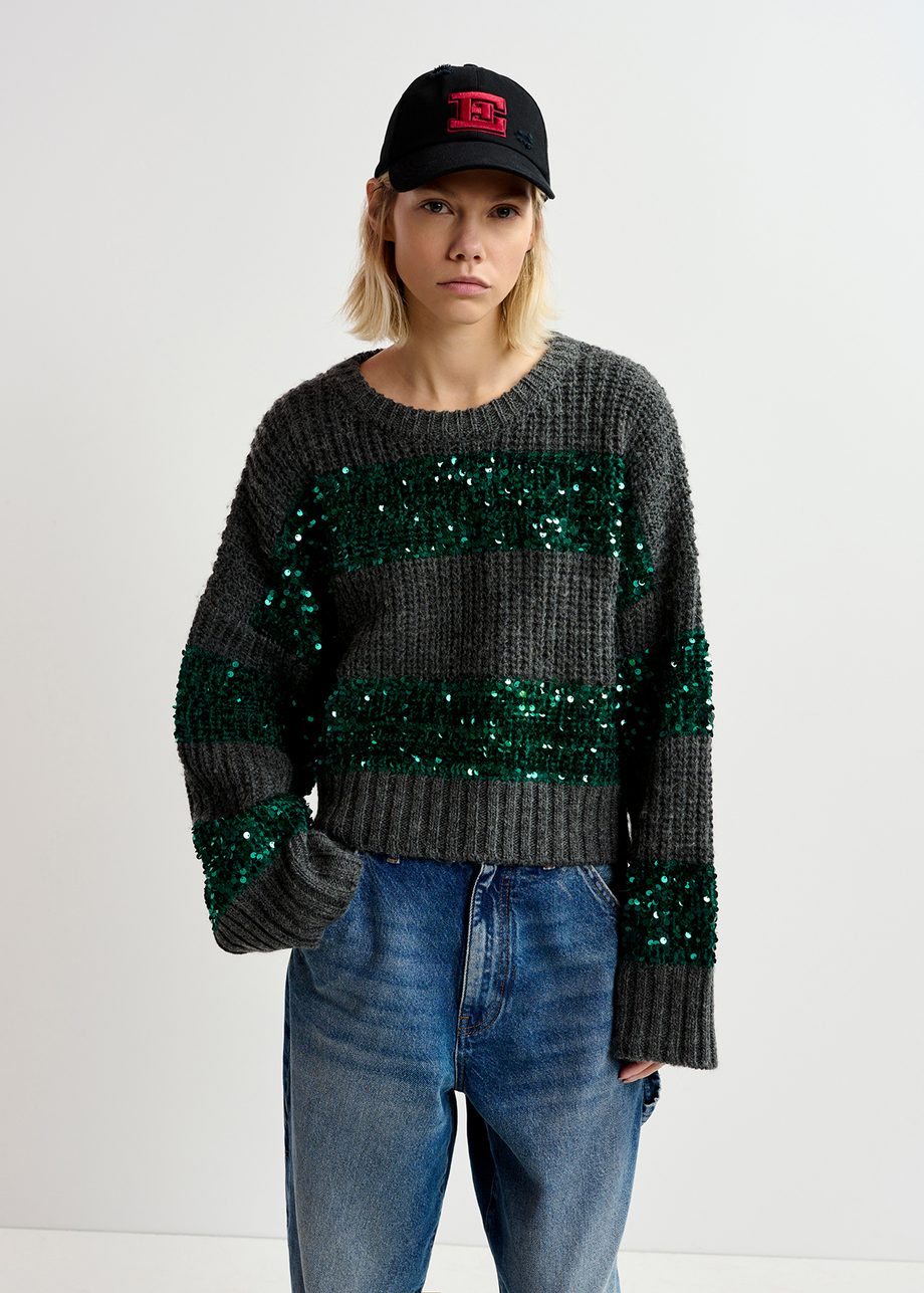 Dark grey and dark green knit sweater with sequin-embellished stripes