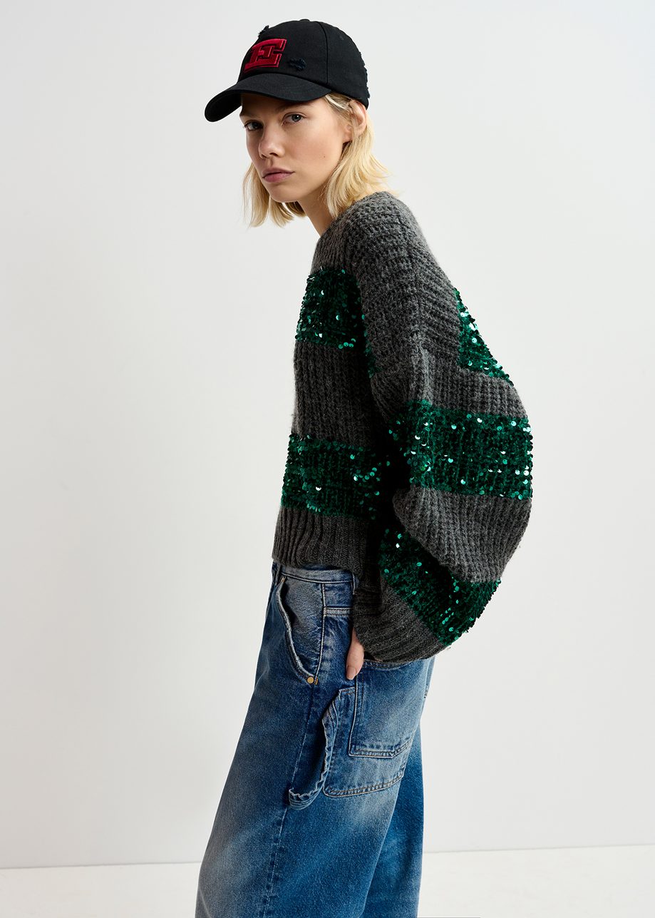 Dark grey and dark green knit sweater with sequin-embellished stripes