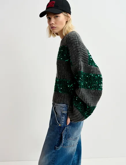 Dark grey and dark green knit sweater with sequin-embellished stripes