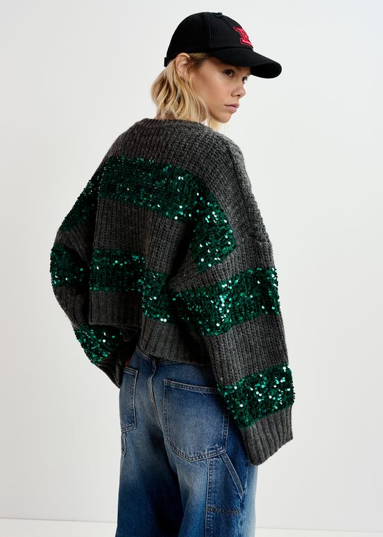 Pull en tricot gris foncé et vert foncé à rayures pailletées