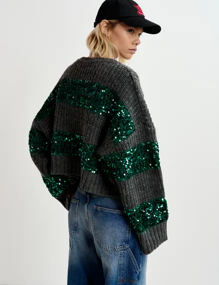 Dark grey and dark green knit sweater with sequin-embellished stripes