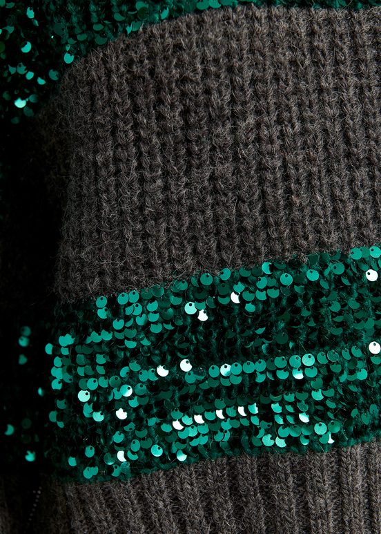 Dark grey and dark green knit sweater with sequin-embellished stripes