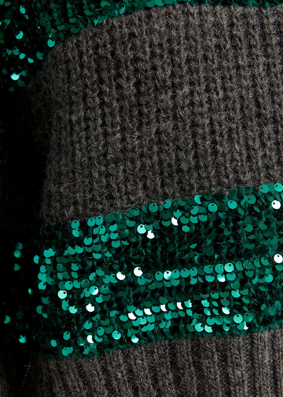 Dark grey and dark green knit sweater with sequin-embellished stripes