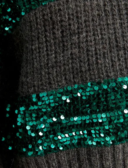 Dark grey and dark green knit sweater with sequin-embellished stripes