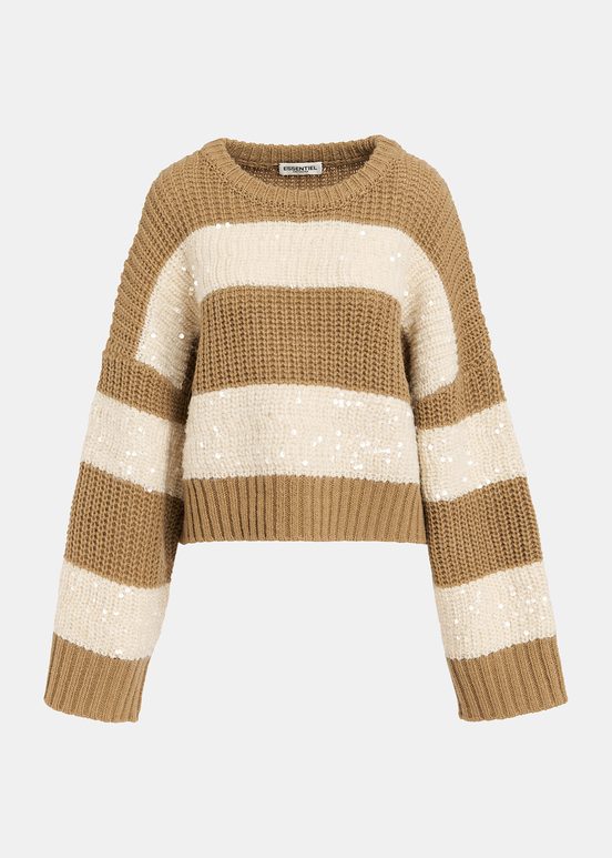 Brown and ecru knit sweater with sequin-embellished stripes