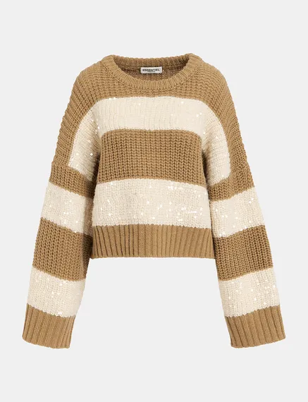 Brown and ecru knit sweater with sequin-embellished stripes