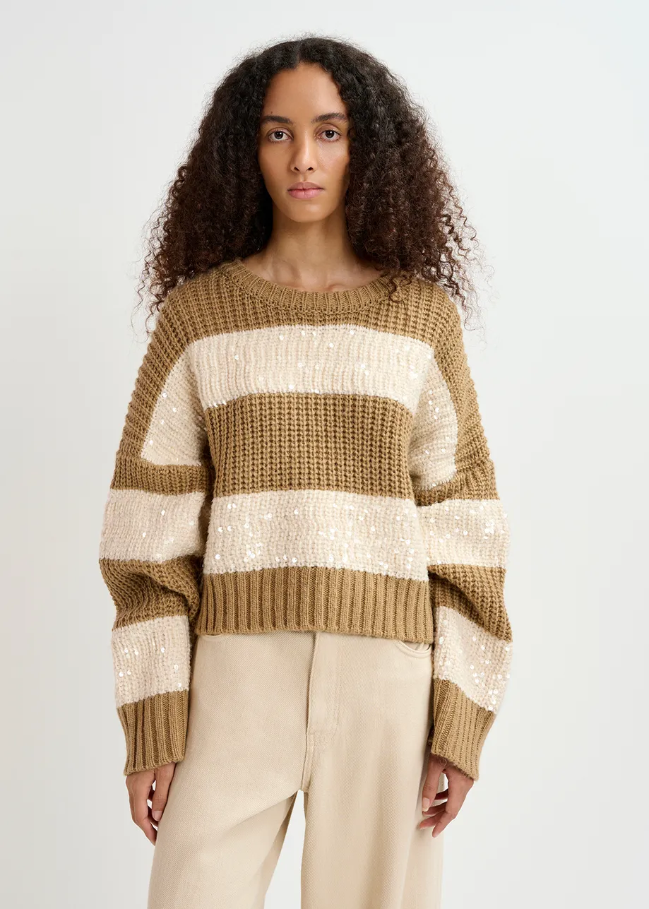 Brown and ecru knit sweater with sequin-embellished stripes