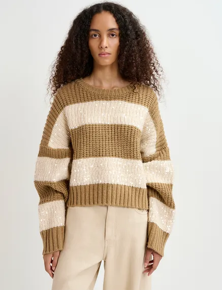 Brown and ecru knit sweater with sequin-embellished stripes