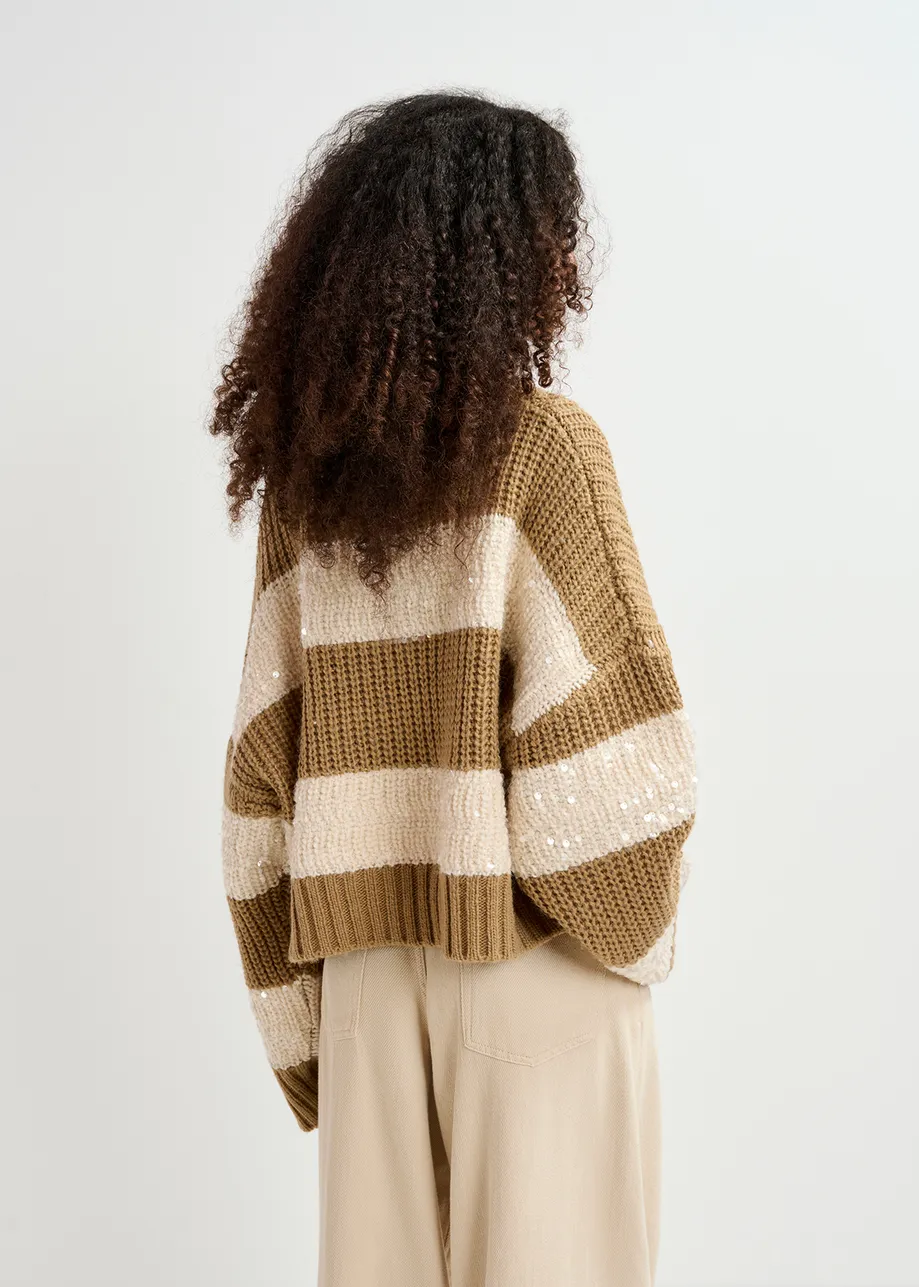 Brown and ecru knit sweater with sequin-embellished stripes