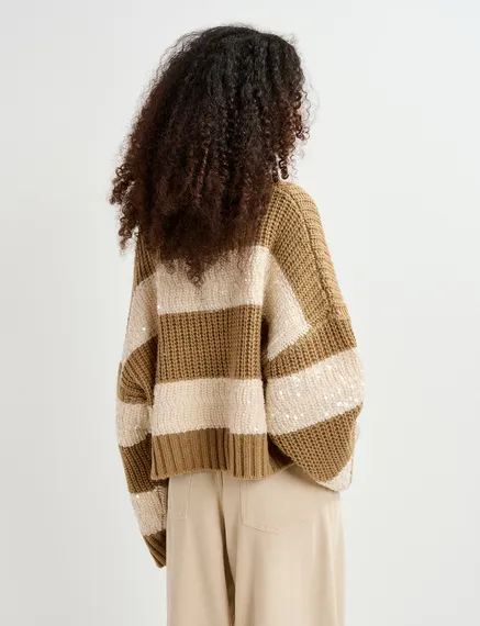 Brown and ecru knit sweater with sequin-embellished stripes