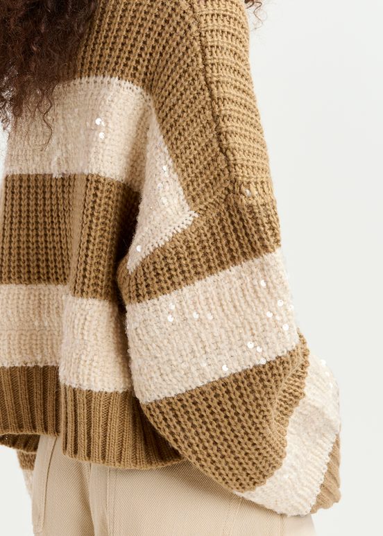 Brown and ecru knit sweater with sequin-embellished stripes