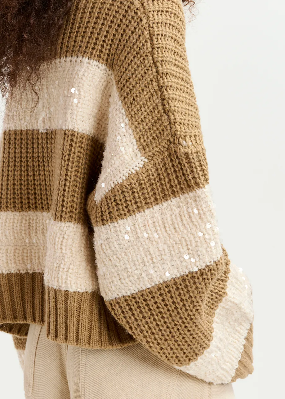 Brown and ecru knit sweater with sequin-embellished stripes