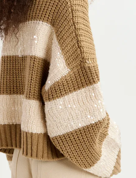 Brown and ecru knit sweater with sequin-embellished stripes