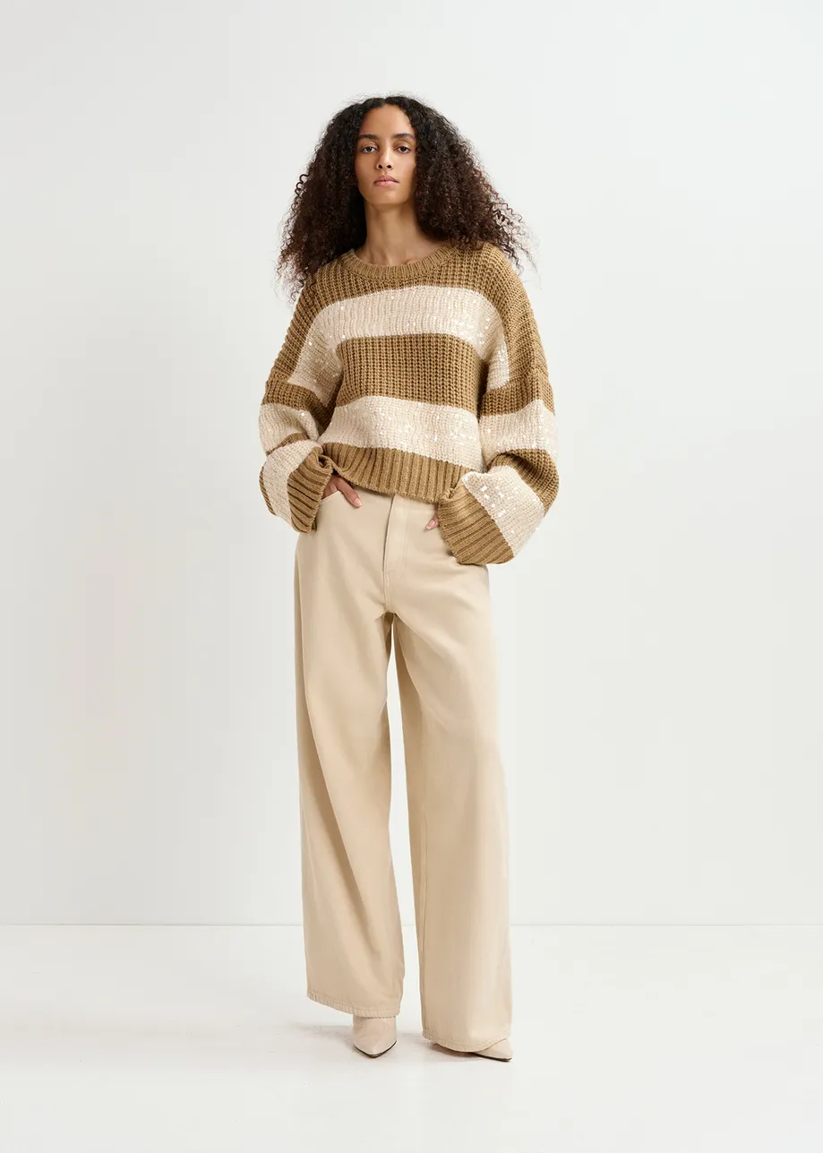 Brown and ecru knit sweater with sequin-embellished stripes