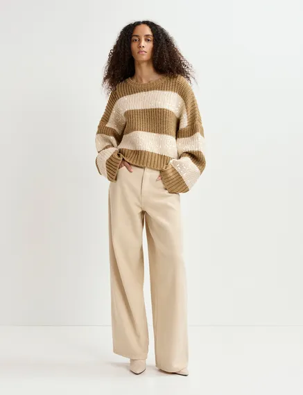 Brown and ecru knit sweater with sequin-embellished stripes