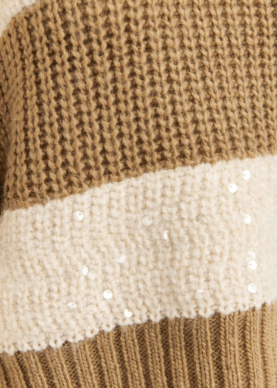 Brown and ecru knit sweater with sequin-embellished stripes