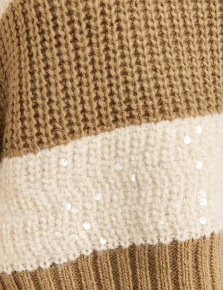 Brown and ecru knit sweater with sequin-embellished stripes