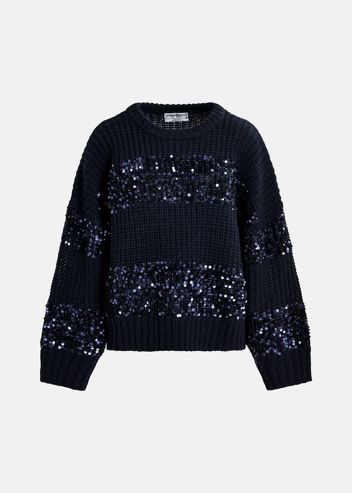 Navy blue knit sweater with sequin embellished stripes Essentiel Antwerp United Kingdom