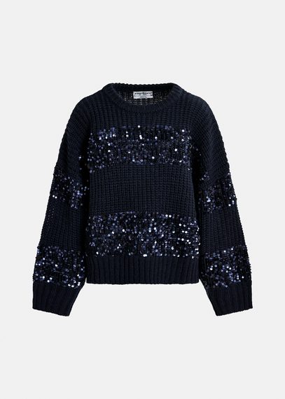 Navy blue knit sweater with sequin-embellished stripes