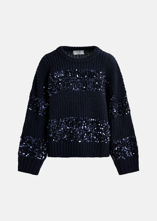 Navy blue knit sweater with sequin-embellished stripes