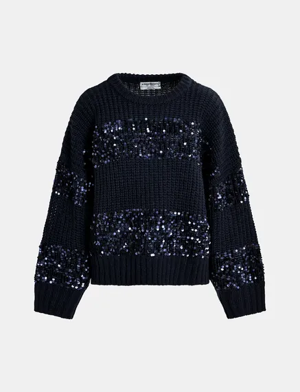 Navy blue knit sweater with sequin-embellished stripes