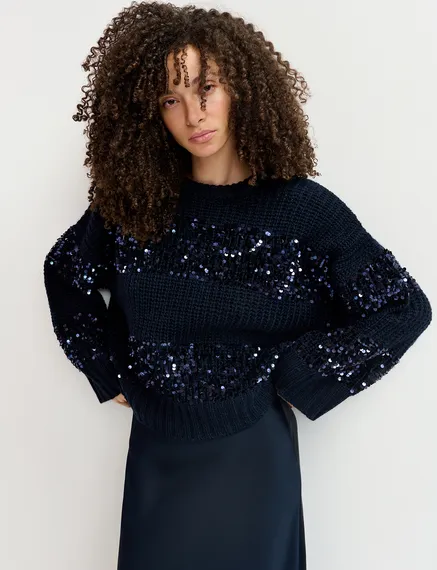 Navy blue knit sweater with sequin-embellished stripes