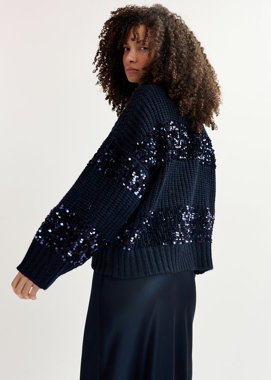 Navy blue knit sweater with sequin-embellished stripes