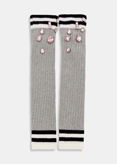 Grey rib-knitted warmers with rhinestone embellishments