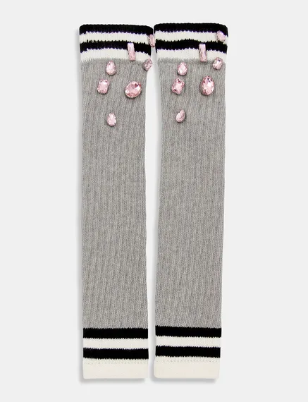 Grey rib-knitted warmers with rhinestone embellishments