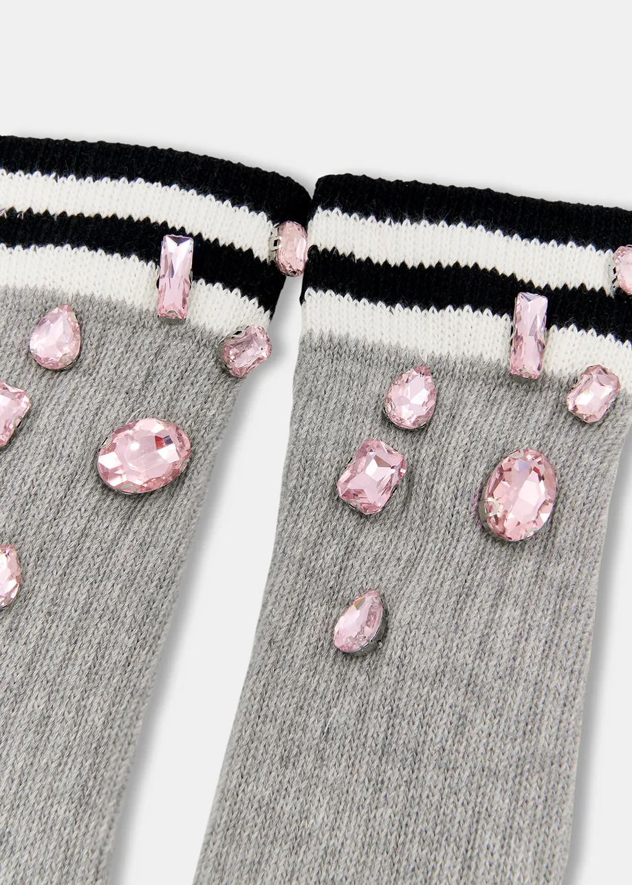 Grey rib-knitted warmers with rhinestone embellishments