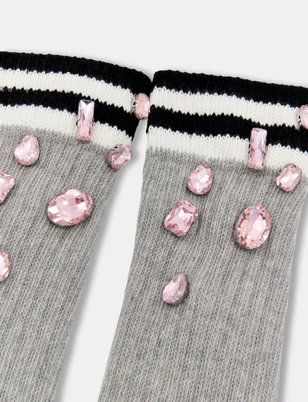 Grey rib-knitted warmers with rhinestone embellishments