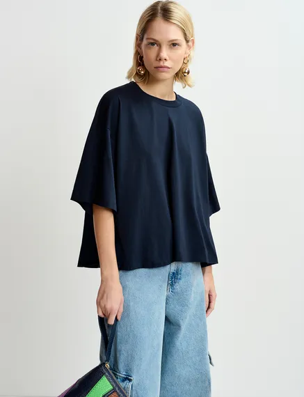 Marineblauw T-shirt met satijnen rug