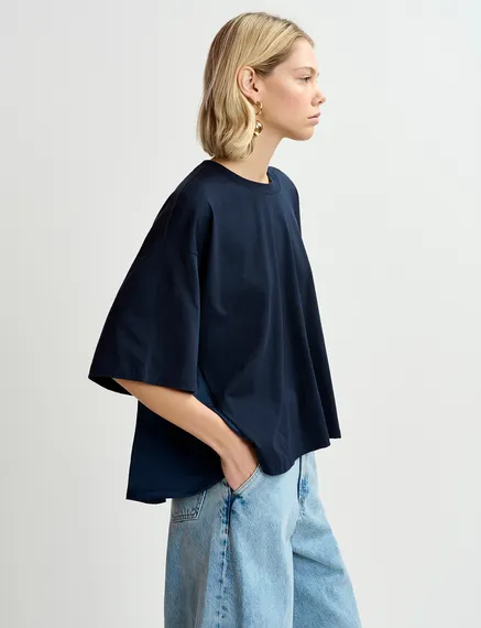 Marineblauw T-shirt met satijnen rug