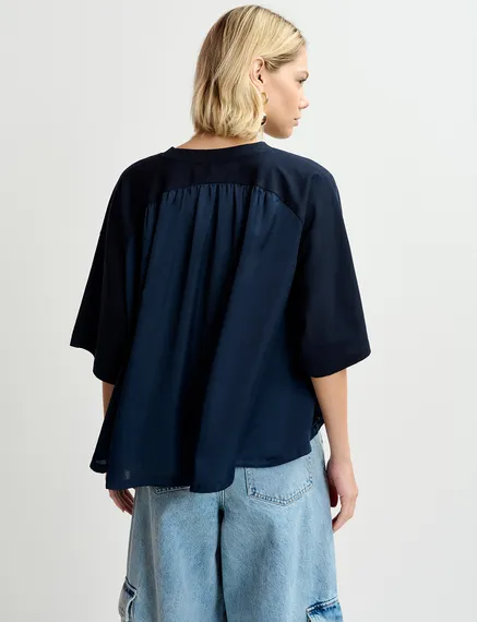 Marineblauw T-shirt met satijnen rug